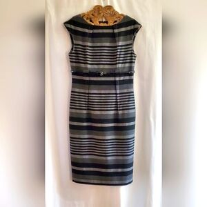 Calvin Klein Belted Midi Shift Dress Size 4 Capped Sleeved Striped Black & Gray